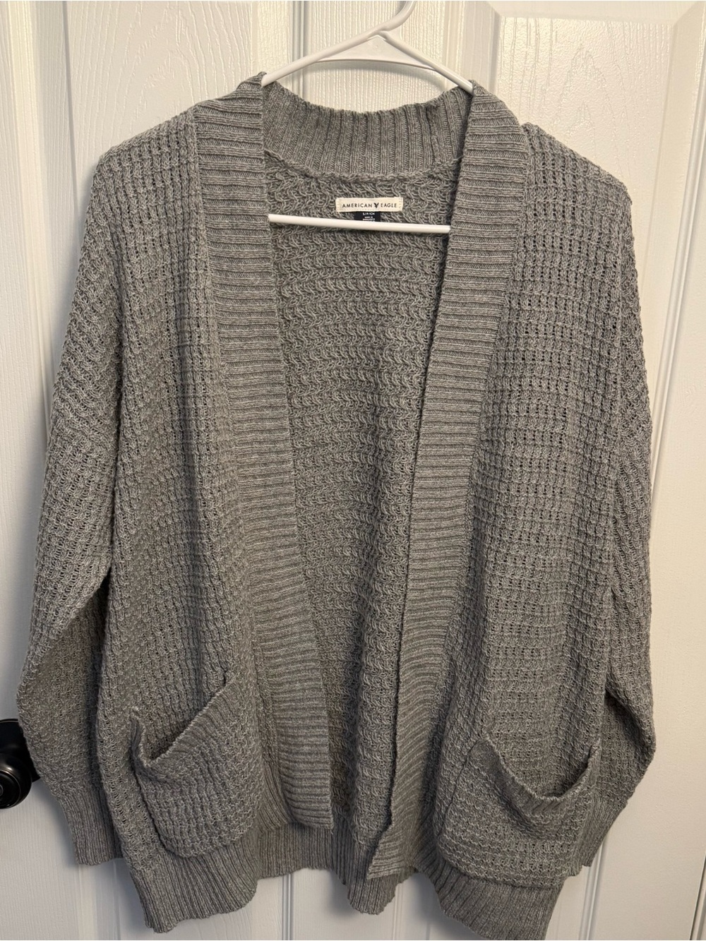 American Eagle Gray Waffle Knit Open Front Cardigan